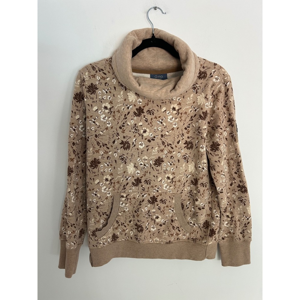 Gina Floral Cowl Neck Sweatshirt Tan Brown Nautical Anchor Patch Pullover M